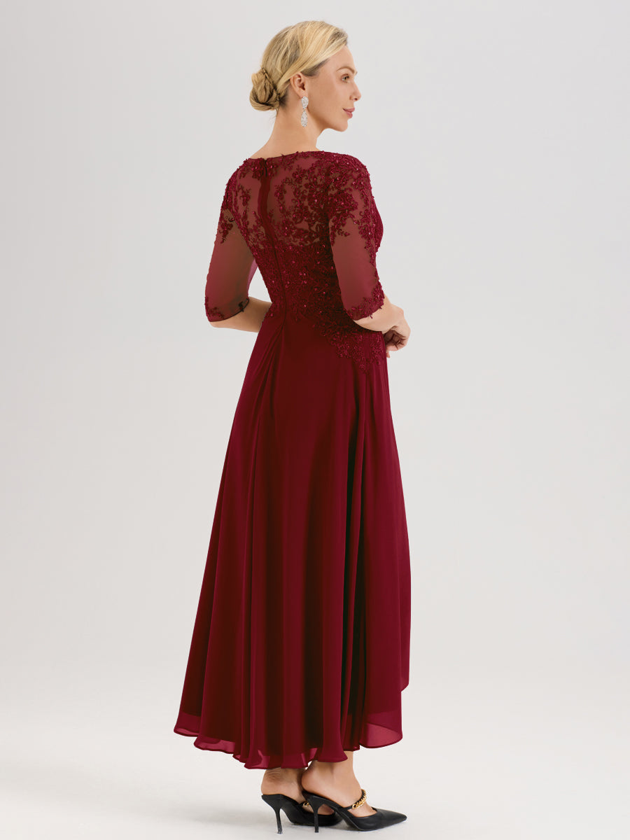 Cicinia Bordeaux Robe De Mère De La Mariée Longue À Ourlet Irrégulier Ligne A En Dentelle Et Mousseline À Décolleté Cœur Et Manches Demi
