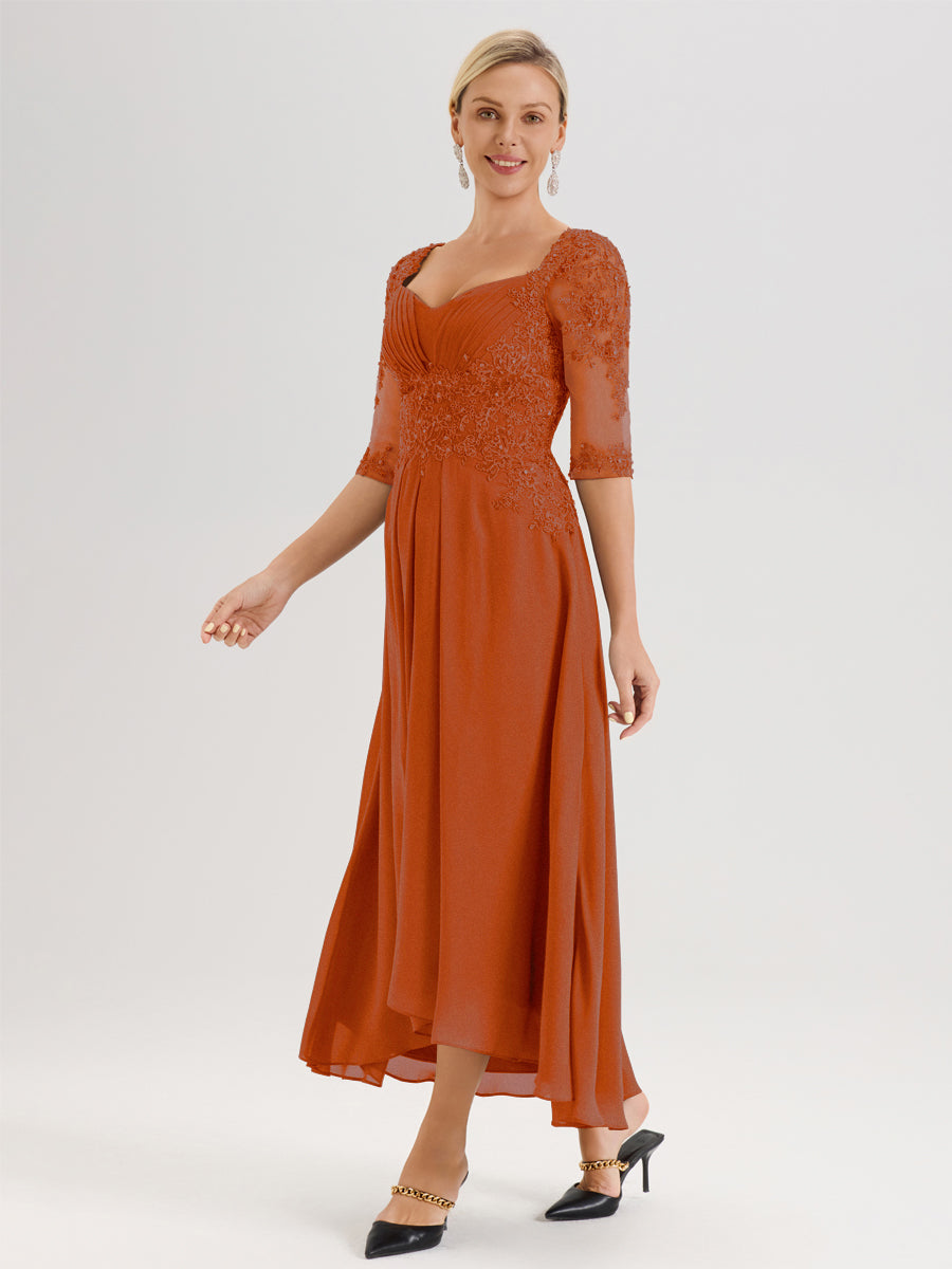 Cicinia Orange Brûlé Robe De Mère De La Mariée Longue À Ourlet Irrégulier Ligne A En Dentelle Et Mousseline À Décolleté Cœur Et Manches Demi