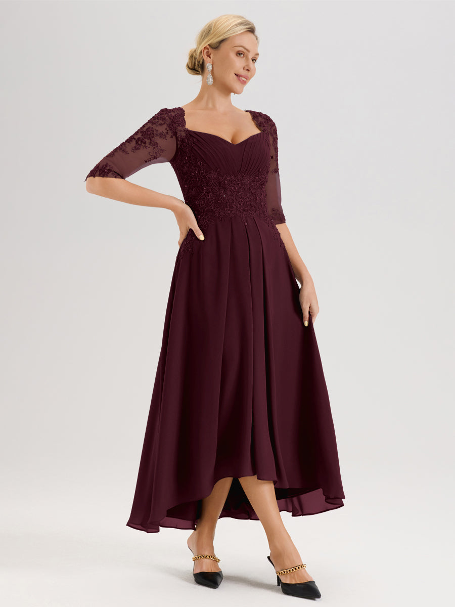 Cicinia Cabernet Robe De Mère De La Mariée Longue À Ourlet Irrégulier Ligne A En Dentelle Et Mousseline À Décolleté Cœur Et Manches Demi