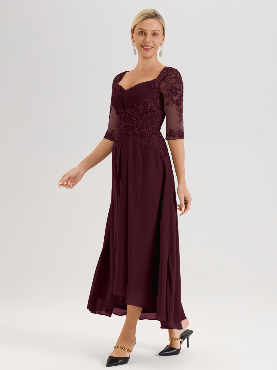 Cicinia Cabernet Robe De Mère De La Mariée Longue À Ourlet Irrégulier Ligne A En Dentelle Et Mousseline À Décolleté Cœur Et Manches Demi