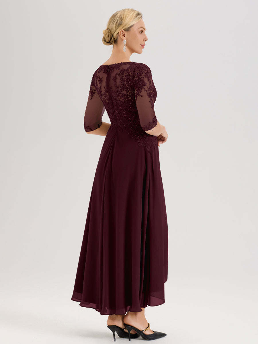 Cicinia Cabernet Robe De Mère De La Mariée Longue À Ourlet Irrégulier Ligne A En Dentelle Et Mousseline À Décolleté Cœur Et Manches Demi