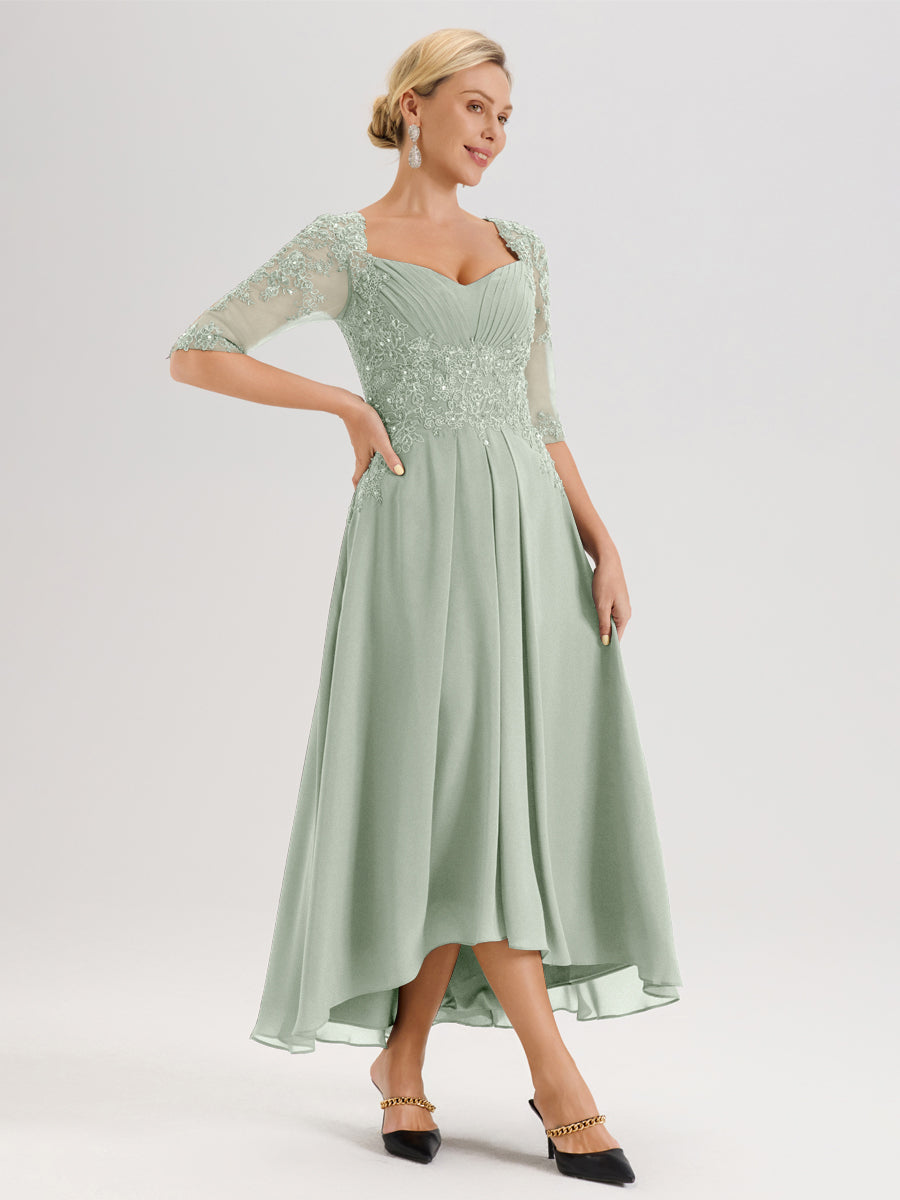 Cicinia Celadon Robe De Mère De La Mariée Longue À Ourlet Irrégulier Ligne A En Dentelle Et Mousseline À Décolleté Cœur Et Manches Demi