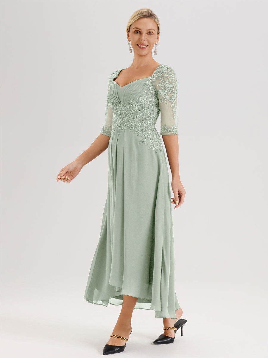 Cicinia Celadon Robe De Mère De La Mariée Longue À Ourlet Irrégulier Ligne A En Dentelle Et Mousseline À Décolleté Cœur Et Manches Demi