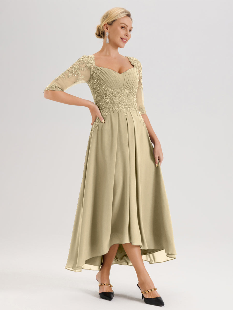 Cicinia Champagne Robe De Mère De La Mariée Longue À Ourlet Irrégulier Ligne A En Dentelle Et Mousseline À Décolleté Cœur Et Manches Demi