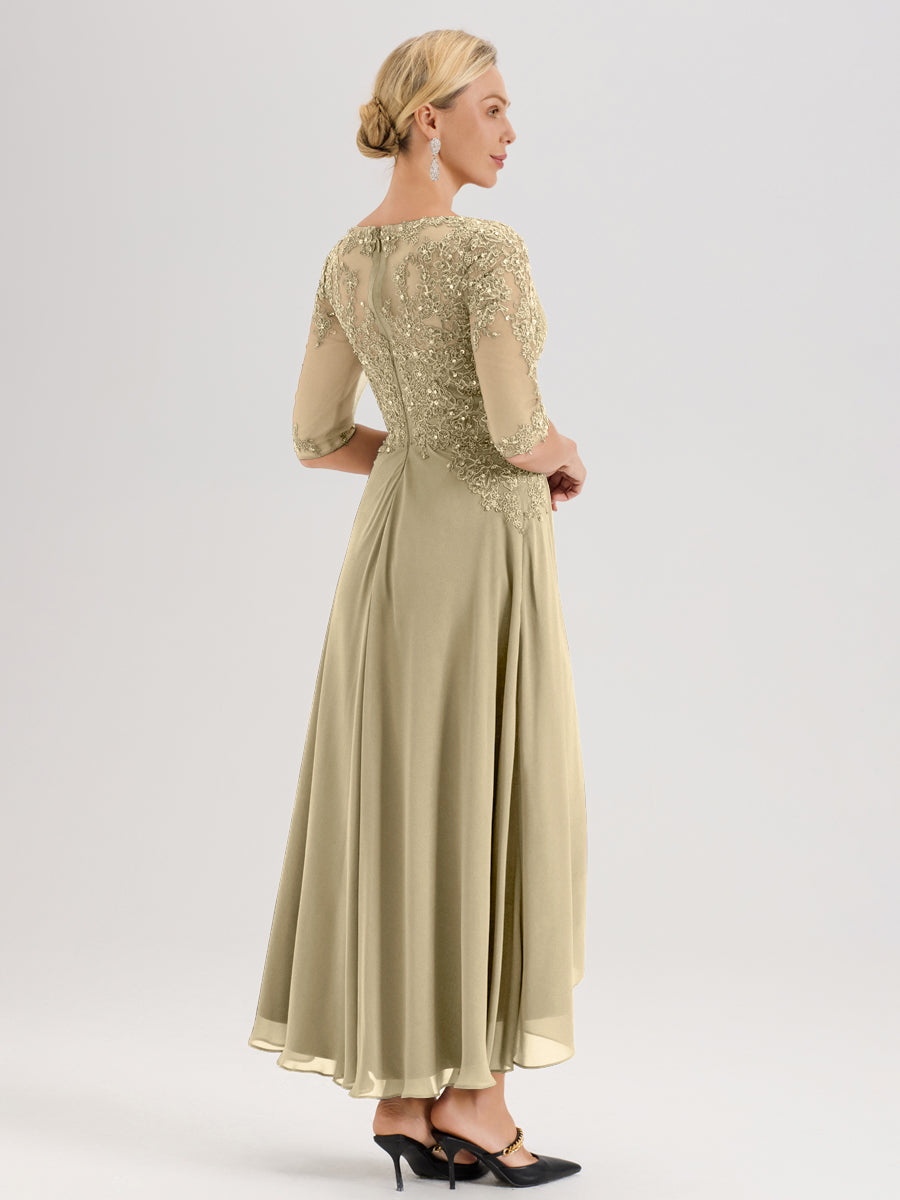 Cicinia Champagne Robe De Mère De La Mariée Longue À Ourlet Irrégulier Ligne A En Dentelle Et Mousseline À Décolleté Cœur Et Manches Demi