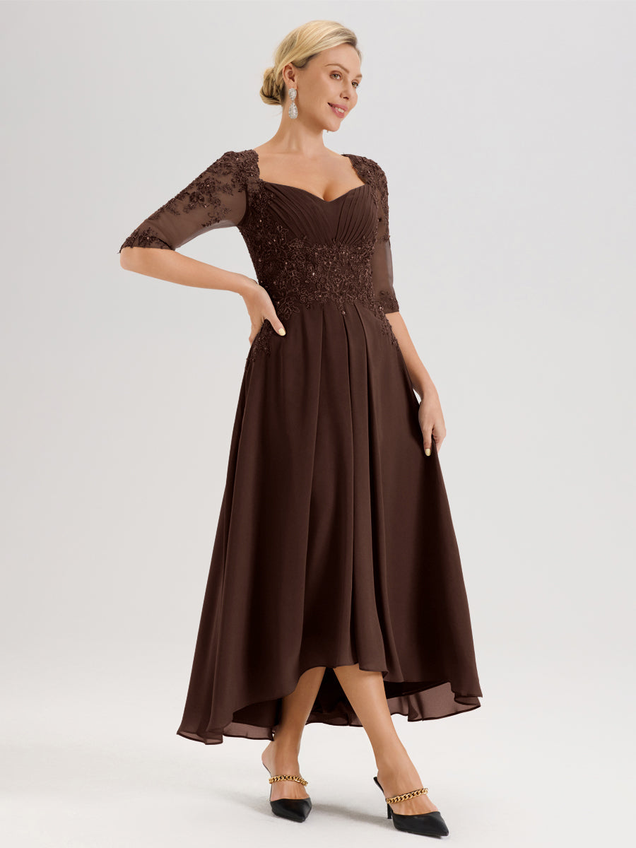Cicinia Chocolat Robe De Mère De La Mariée Longue À Ourlet Irrégulier Ligne A En Dentelle Et Mousseline À Décolleté Cœur Et Manches Demi