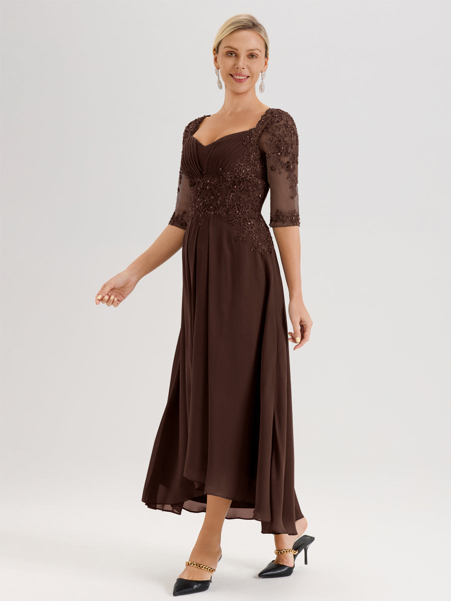 Cicinia Chocolat Robe De Mère De La Mariée Longue À Ourlet Irrégulier Ligne A En Dentelle Et Mousseline À Décolleté Cœur Et Manches Demi