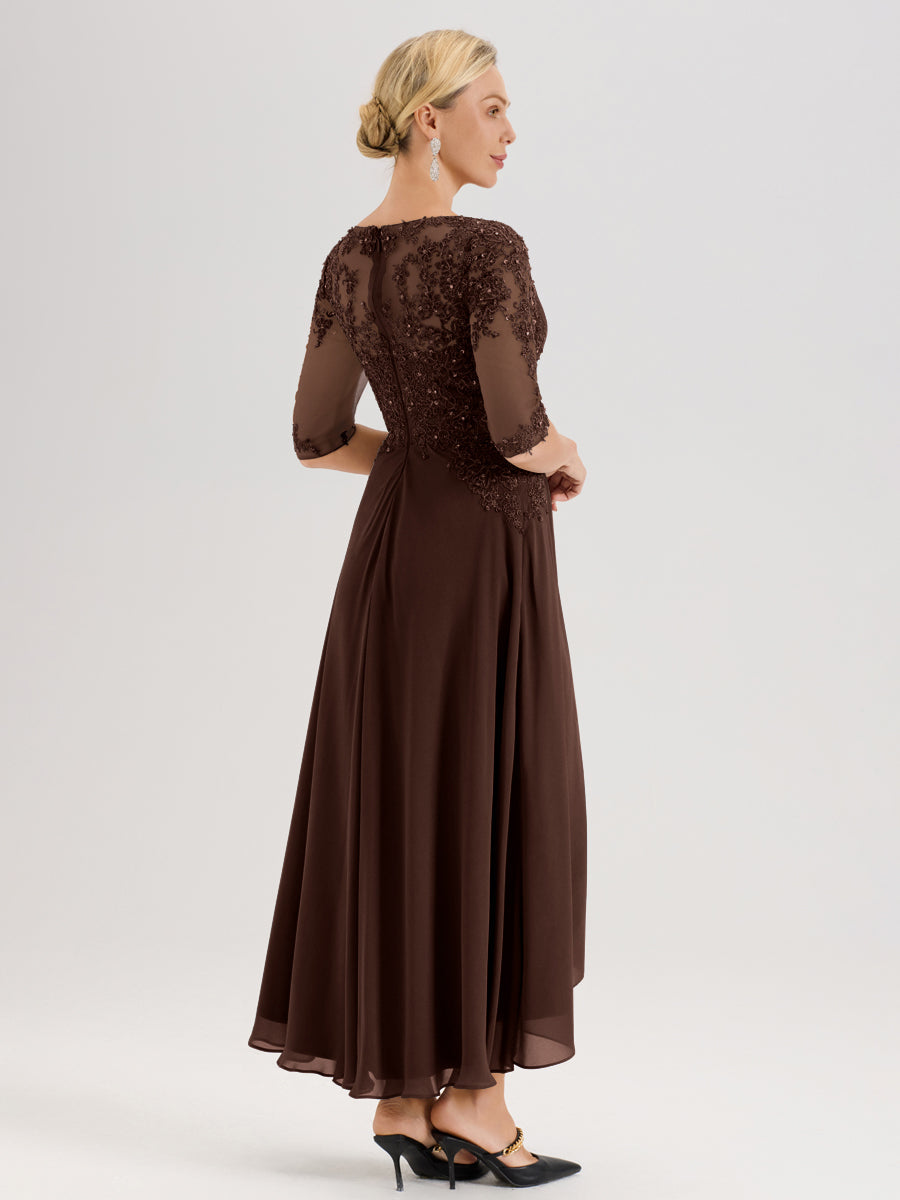 Cicinia Chocolat Robe De Mère De La Mariée Longue À Ourlet Irrégulier Ligne A En Dentelle Et Mousseline À Décolleté Cœur Et Manches Demi