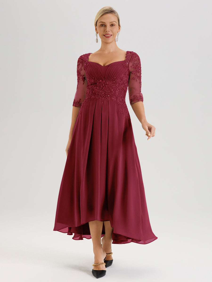 Cicinia Rose Cannelle Robe De Mère De La Mariée Longue À Ourlet Irrégulier Ligne A En Dentelle Et Mousseline À Décolleté Cœur Et Manches Demi
