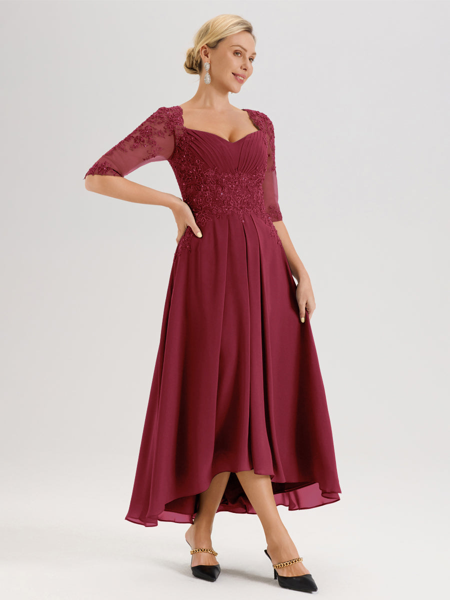 Cicinia Rose Cannelle Robe De Mère De La Mariée Longue À Ourlet Irrégulier Ligne A En Dentelle Et Mousseline À Décolleté Cœur Et Manches Demi