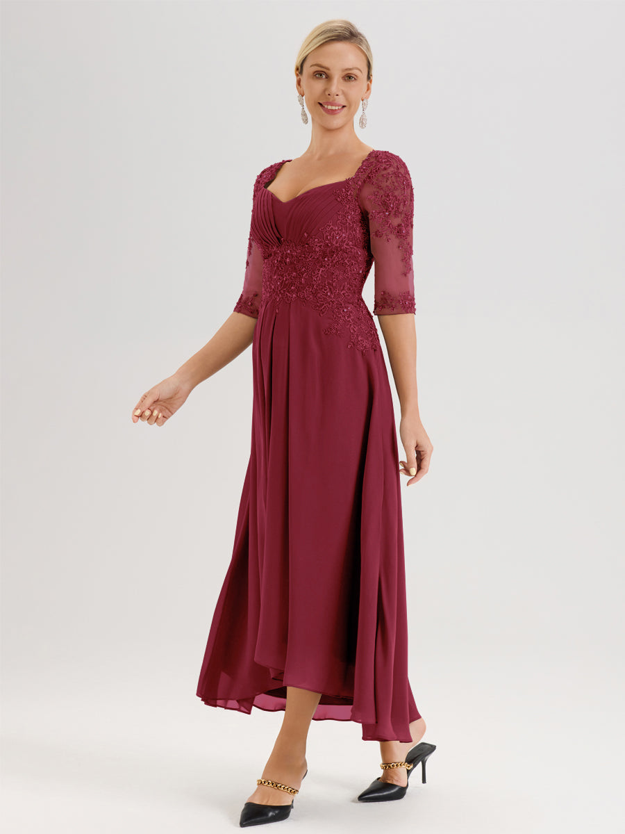 Cicinia Rose Cannelle Robe De Mère De La Mariée Longue À Ourlet Irrégulier Ligne A En Dentelle Et Mousseline À Décolleté Cœur Et Manches Demi