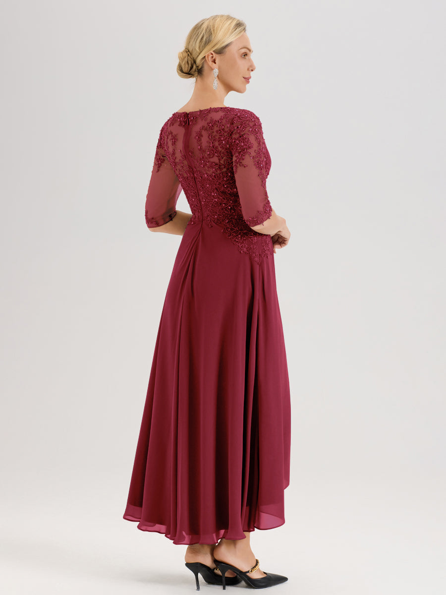 Cicinia Rose Cannelle Robe De Mère De La Mariée Longue À Ourlet Irrégulier Ligne A En Dentelle Et Mousseline À Décolleté Cœur Et Manches Demi