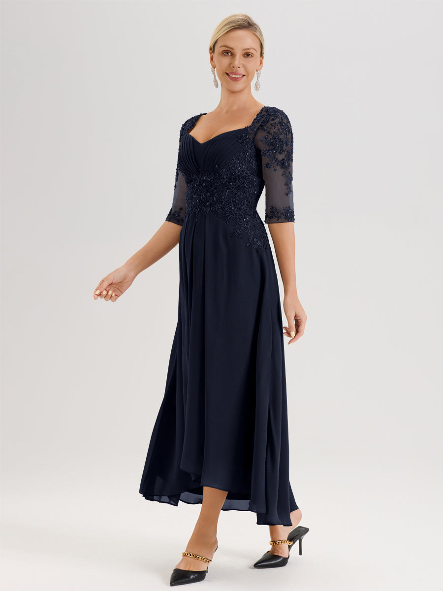 Cicinia Bleu Marine Robe De Mère De La Mariée Longue À Ourlet Irrégulier Ligne A En Dentelle Et Mousseline À Décolleté Cœur Et Manches Demi