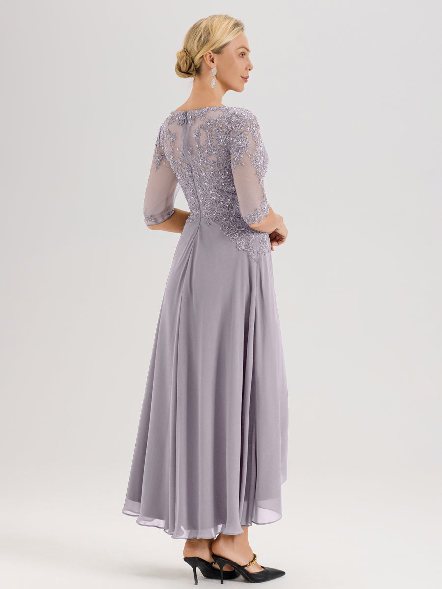 Cicinia Crépuscule Robe De Mère De La Mariée Longue À Ourlet Irrégulier Ligne A En Dentelle Et Mousseline À Décolleté Cœur Et Manches Demi