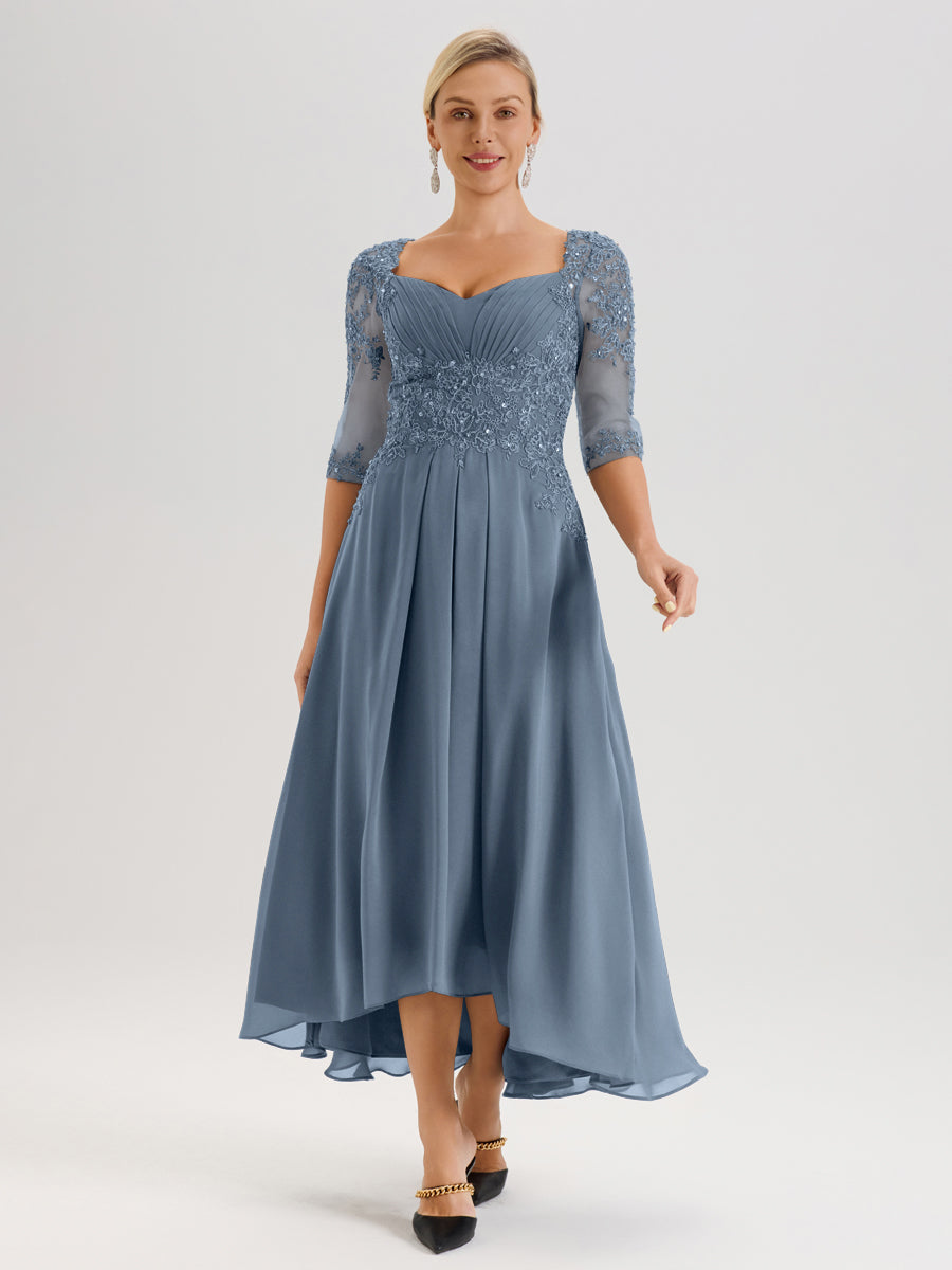 Cicinia Bleu Poudré Robe De Mère De La Mariée Longue À Ourlet Irrégulier Ligne A En Dentelle Et Mousseline À Décolleté Cœur Et Manches Demi
