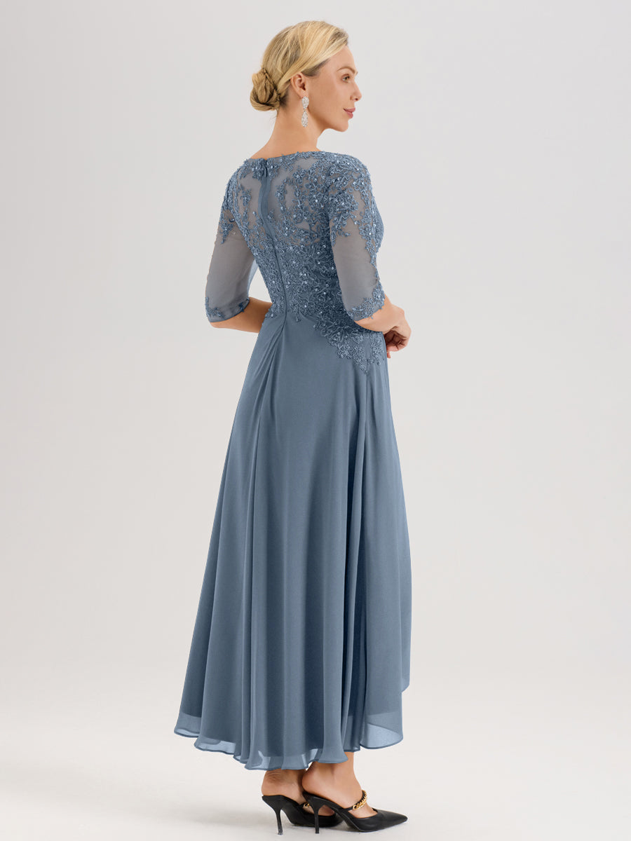 Cicinia Bleu Poudré Robe De Mère De La Mariée Longue À Ourlet Irrégulier Ligne A En Dentelle Et Mousseline À Décolleté Cœur Et Manches Demi