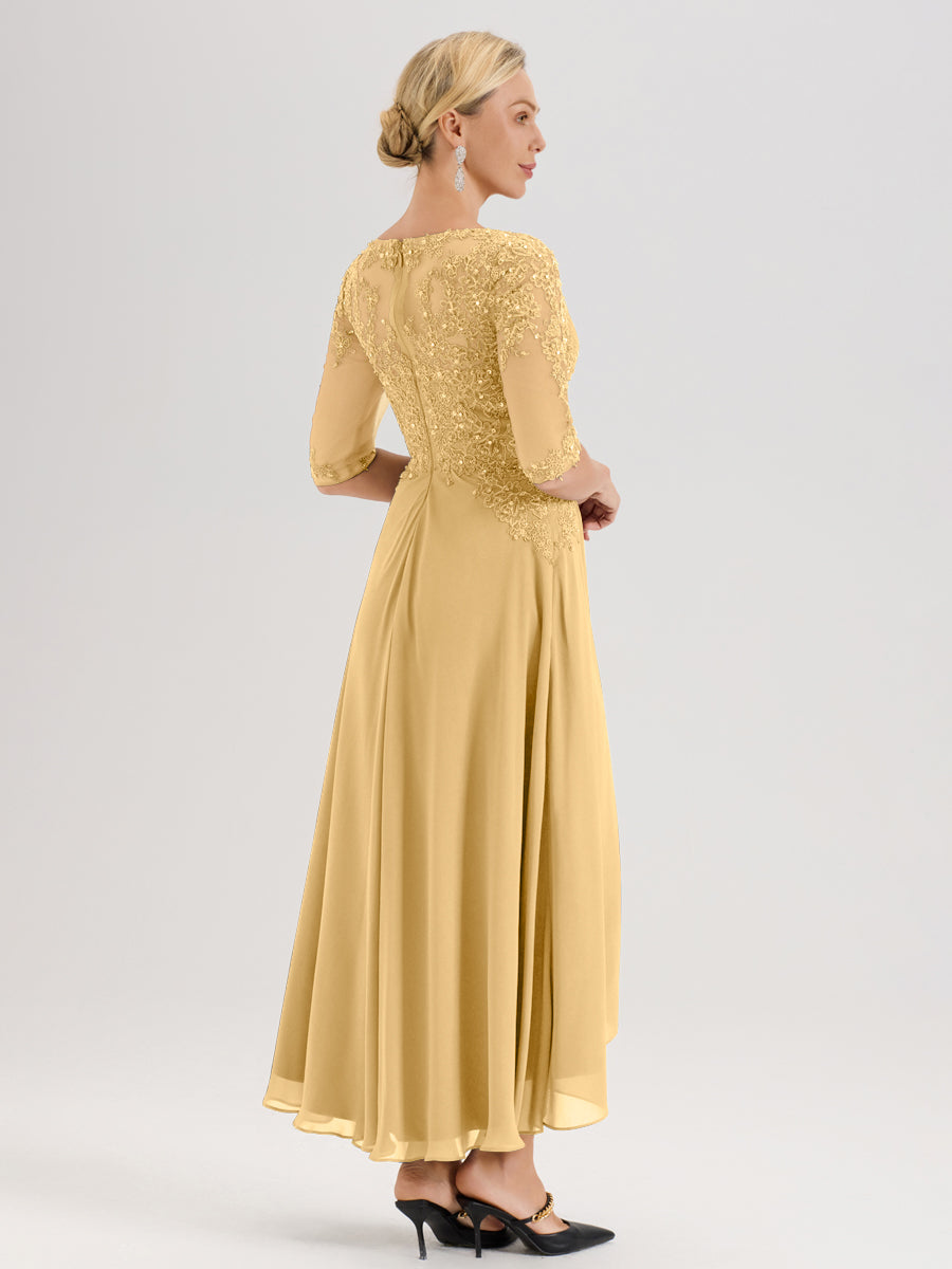 Cicinia Or Robe De Mère De La Mariée Longue À Ourlet Irrégulier Ligne A En Dentelle Et Mousseline À Décolleté Cœur Et Manches Demi
