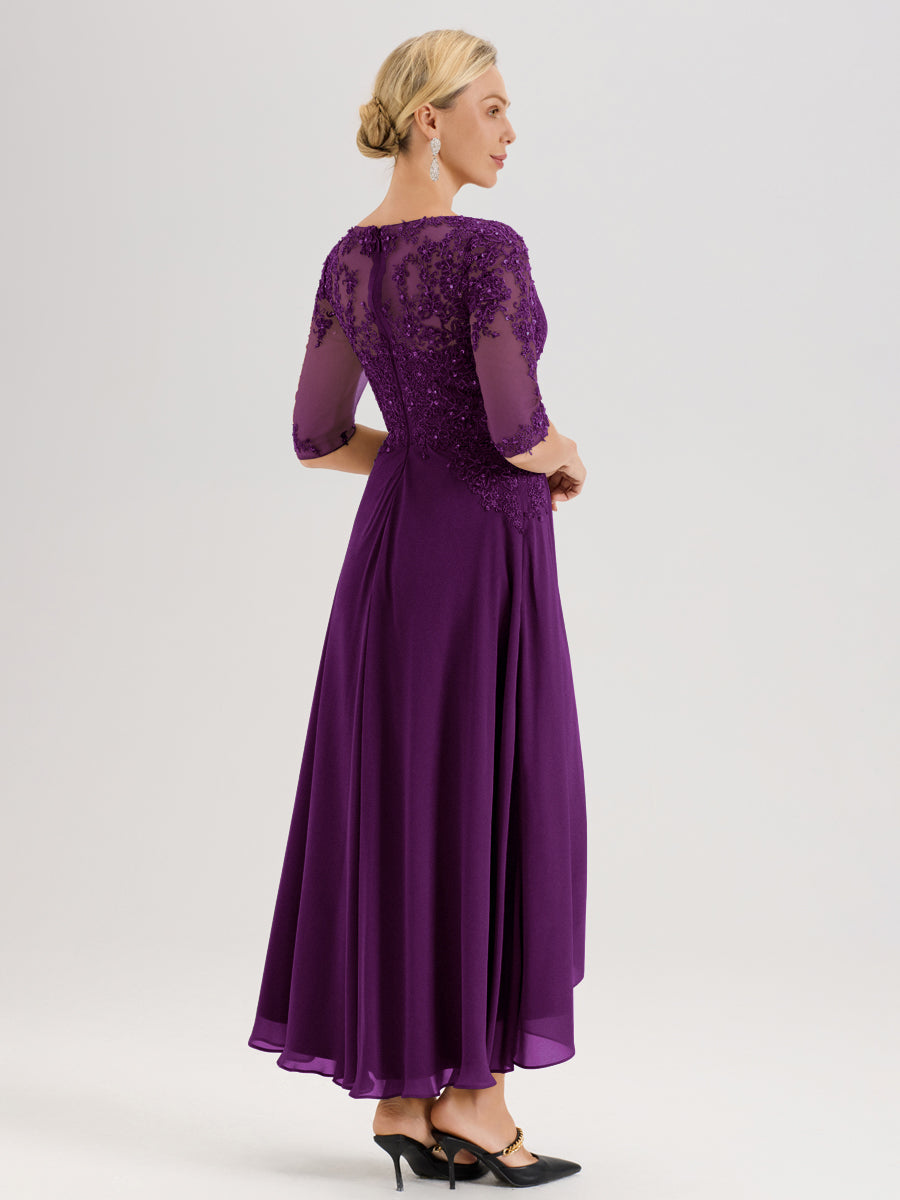 Cicinia Raisin Robe De Mère De La Mariée Longue À Ourlet Irrégulier Ligne A En Dentelle Et Mousseline À Décolleté Cœur Et Manches Demi