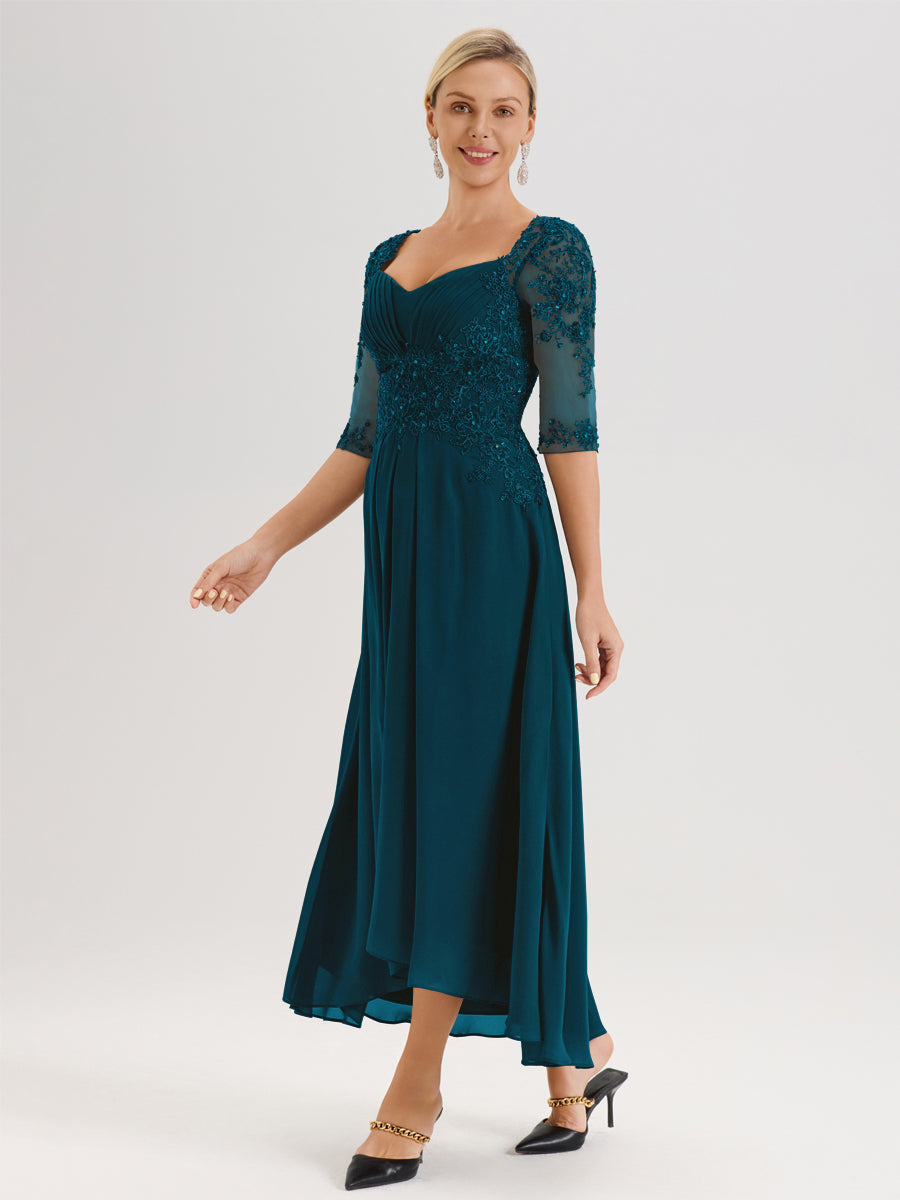 Cicinia Bleu Encre Robe De Mère De La Mariée Longue À Ourlet Irrégulier Ligne A En Dentelle Et Mousseline À Décolleté Cœur Et Manches Demi