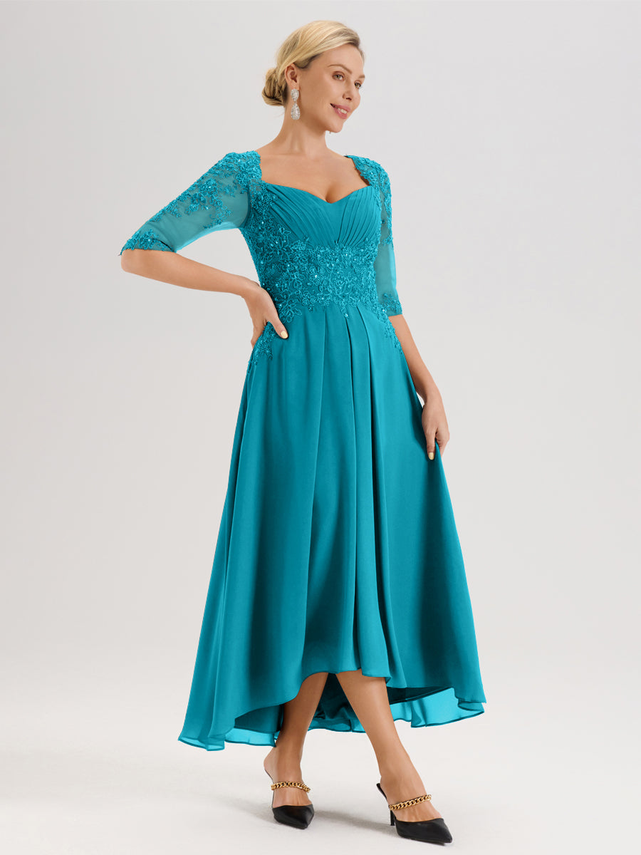Cicinia Jade Robe De Mère De La Mariée Longue À Ourlet Irrégulier Ligne A En Dentelle Et Mousseline À Décolleté Cœur Et Manches Demi