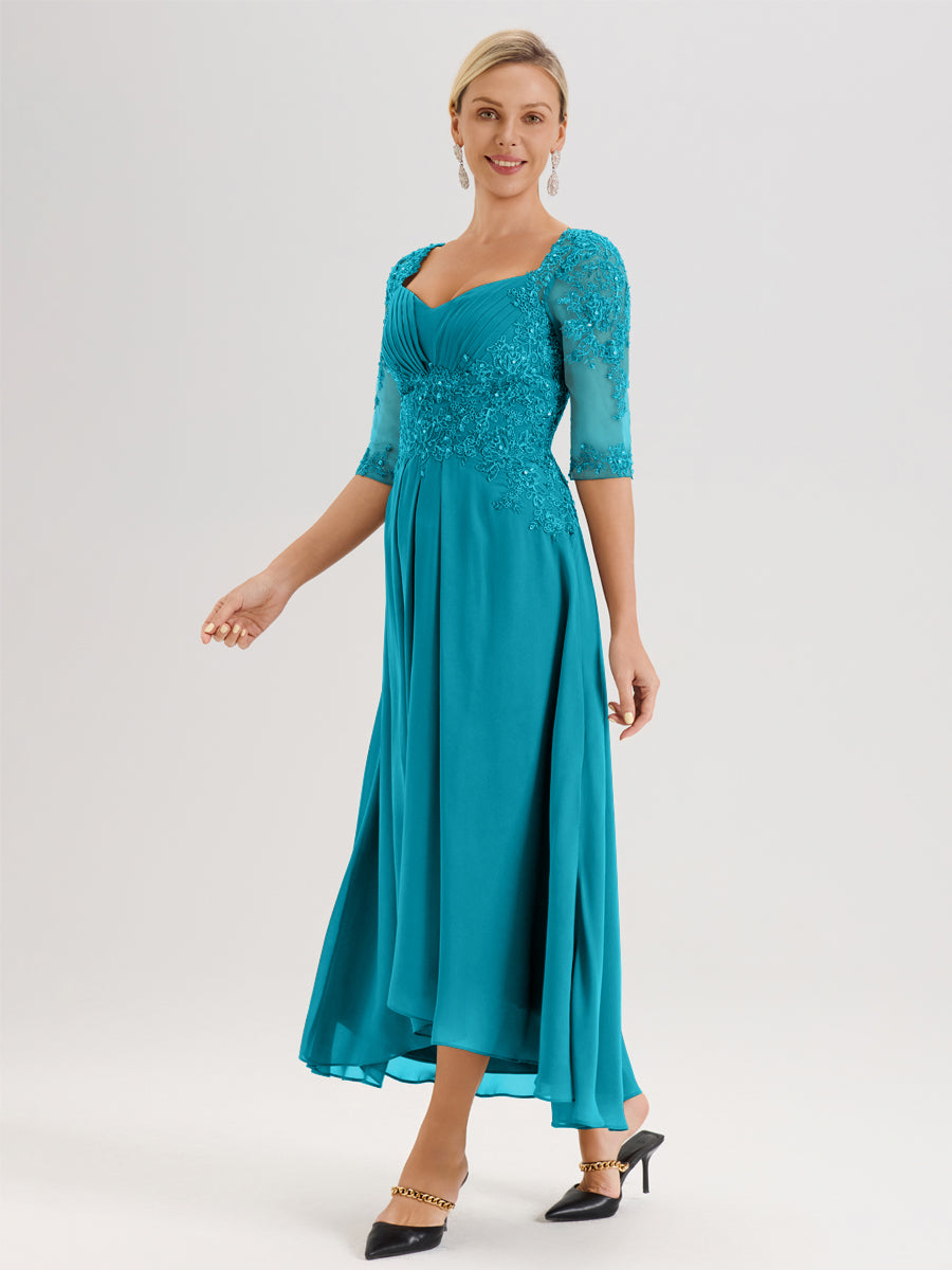 Cicinia Jade Robe De Mère De La Mariée Longue À Ourlet Irrégulier Ligne A En Dentelle Et Mousseline À Décolleté Cœur Et Manches Demi