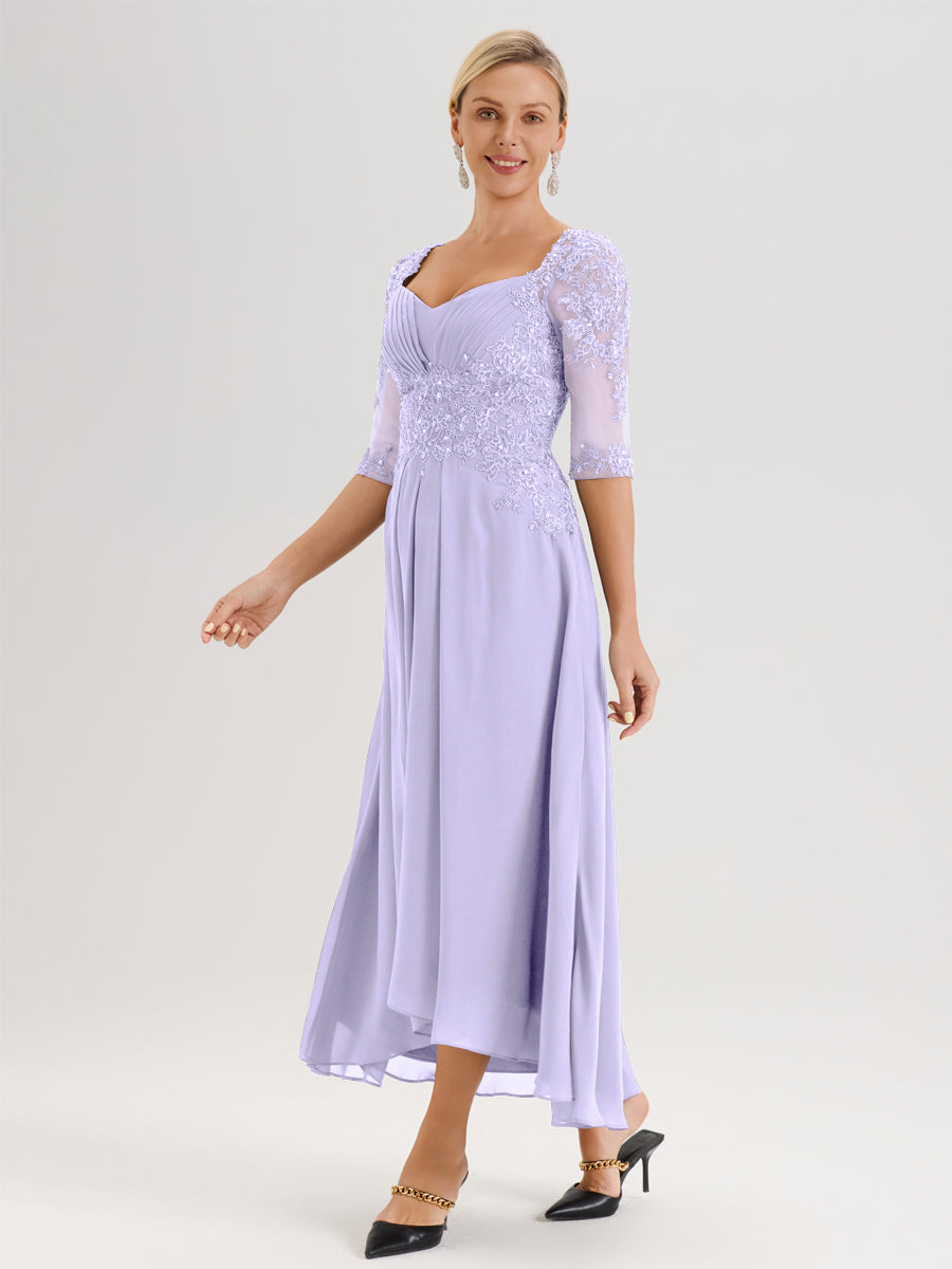 Cicinia Lilas Robe De Mère De La Mariée Longue À Ourlet Irrégulier Ligne A En Dentelle Et Mousseline À Décolleté Cœur Et Manches Demi