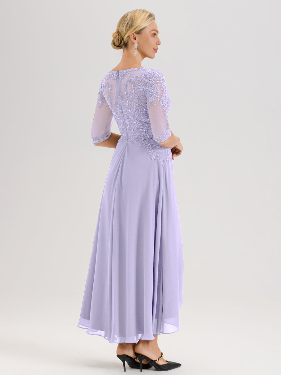 Cicinia Lilas Robe De Mère De La Mariée Longue À Ourlet Irrégulier Ligne A En Dentelle Et Mousseline À Décolleté Cœur Et Manches Demi