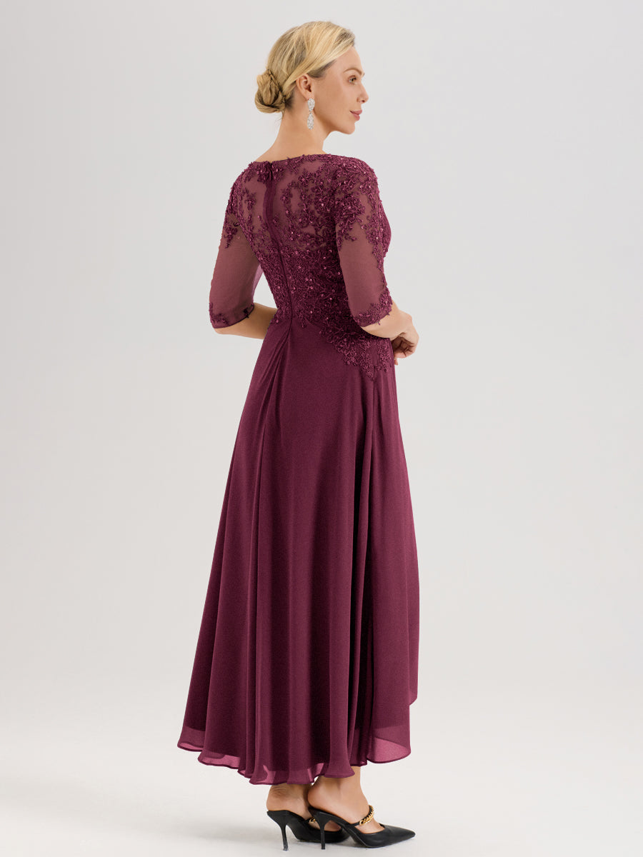 Cicinia Mûre Robe De Mère De La Mariée Longue À Ourlet Irrégulier Ligne A En Dentelle Et Mousseline À Décolleté Cœur Et Manches Demi