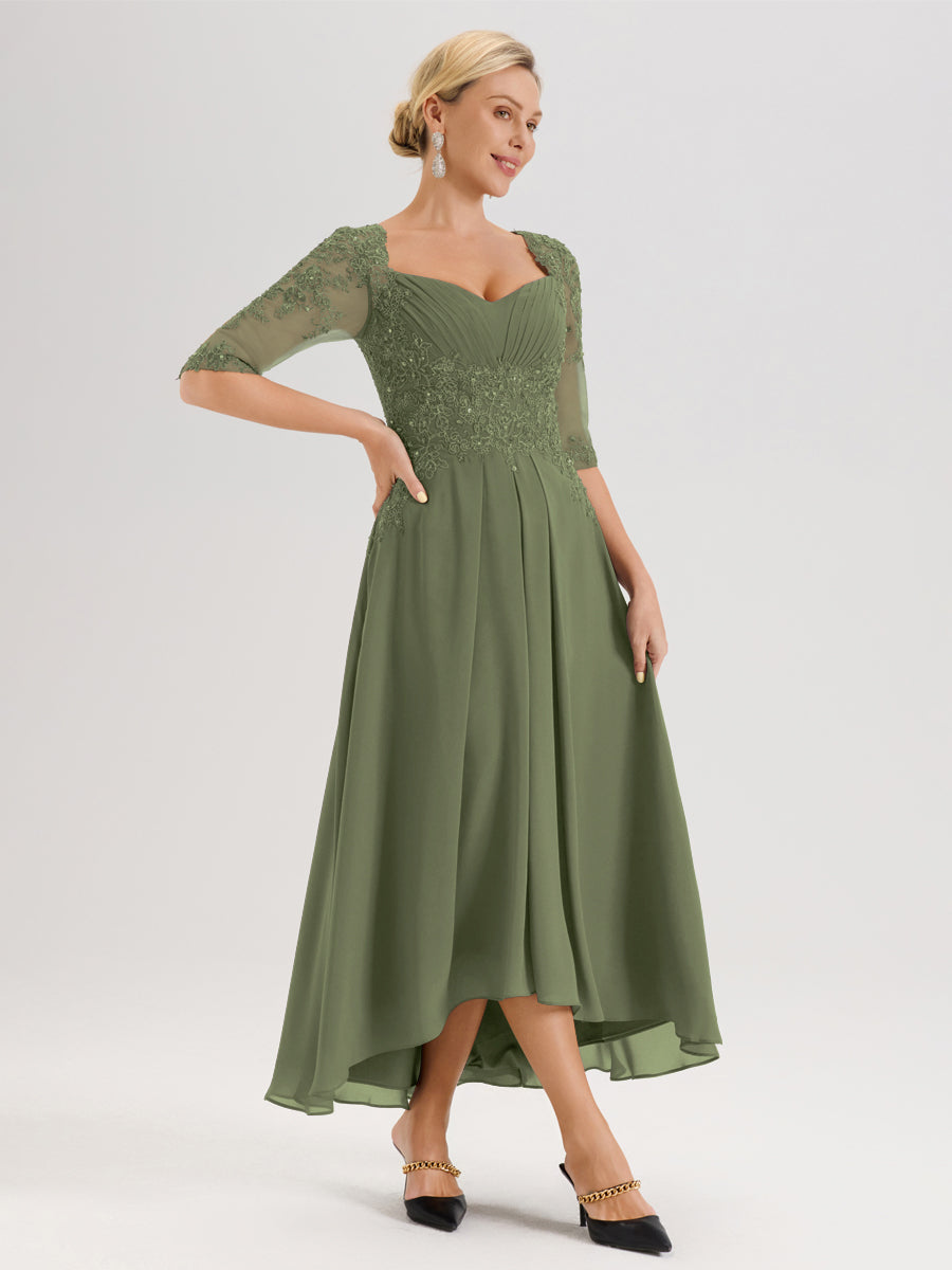 Cicinia Vert Olive Robe De Mère De La Mariée Longue À Ourlet Irrégulier Ligne A En Dentelle Et Mousseline À Décolleté Cœur Et Manches Demi