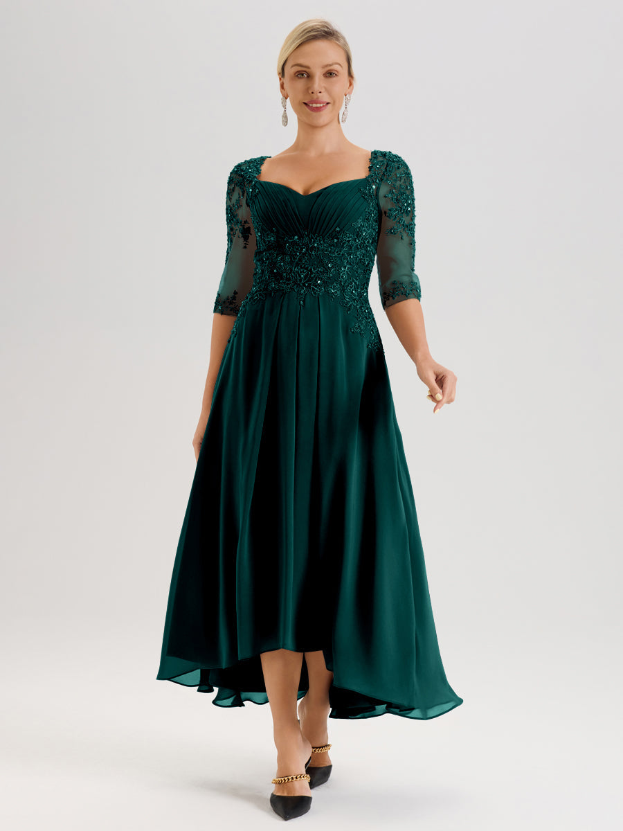Cicinia Paon Robe De Mère De La Mariée Longue À Ourlet Irrégulier Ligne A En Dentelle Et Mousseline À Décolleté Cœur Et Manches Demi