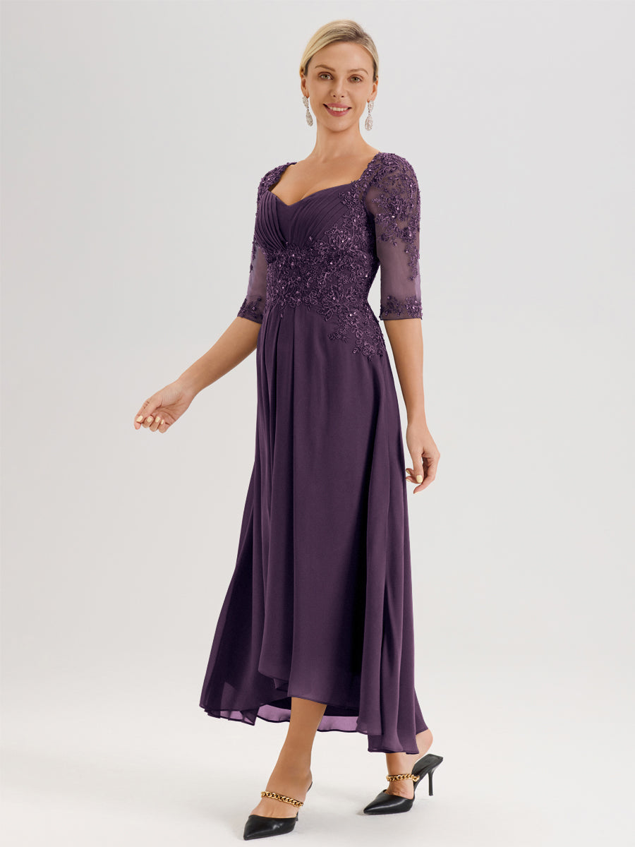 Cicinia Plum Robe De Mère De La Mariée Longue À Ourlet Irrégulier Ligne A En Dentelle Et Mousseline À Décolleté Cœur Et Manches Demi