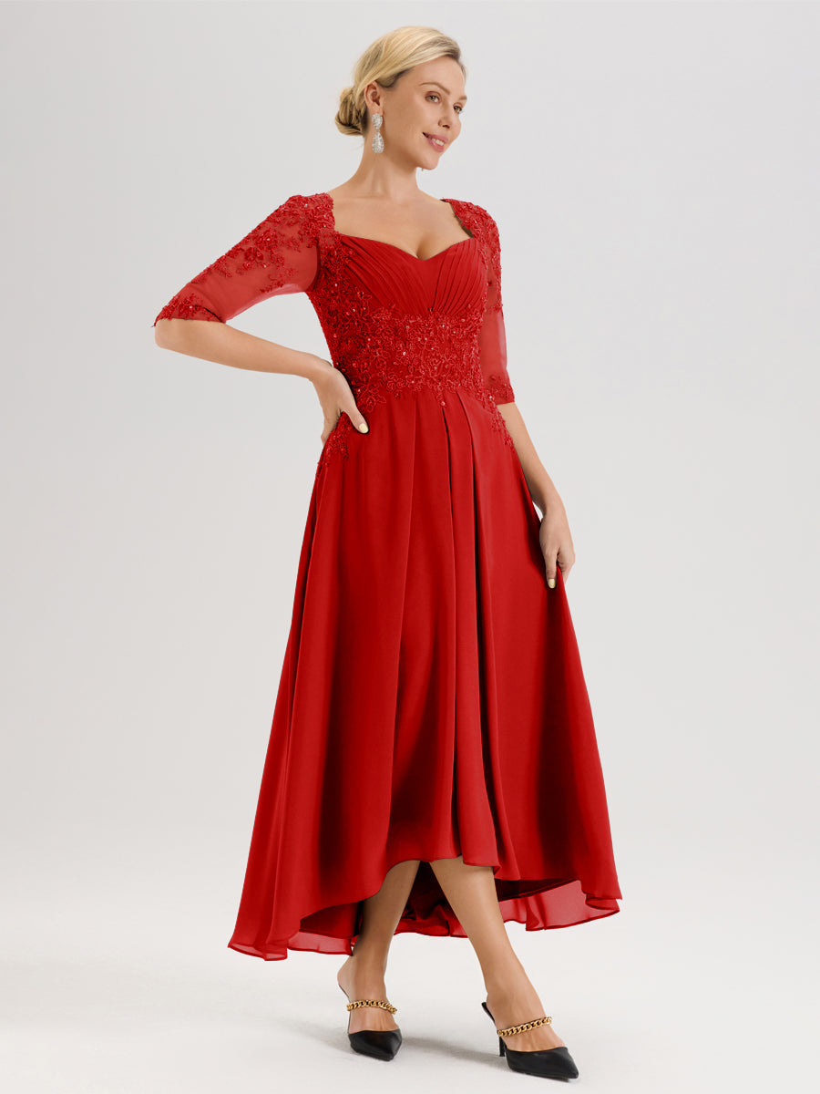 Cicinia Rouge Robe De Mère De La Mariée Longue À Ourlet Irrégulier Ligne A En Dentelle Et Mousseline À Décolleté Cœur Et Manches Demi