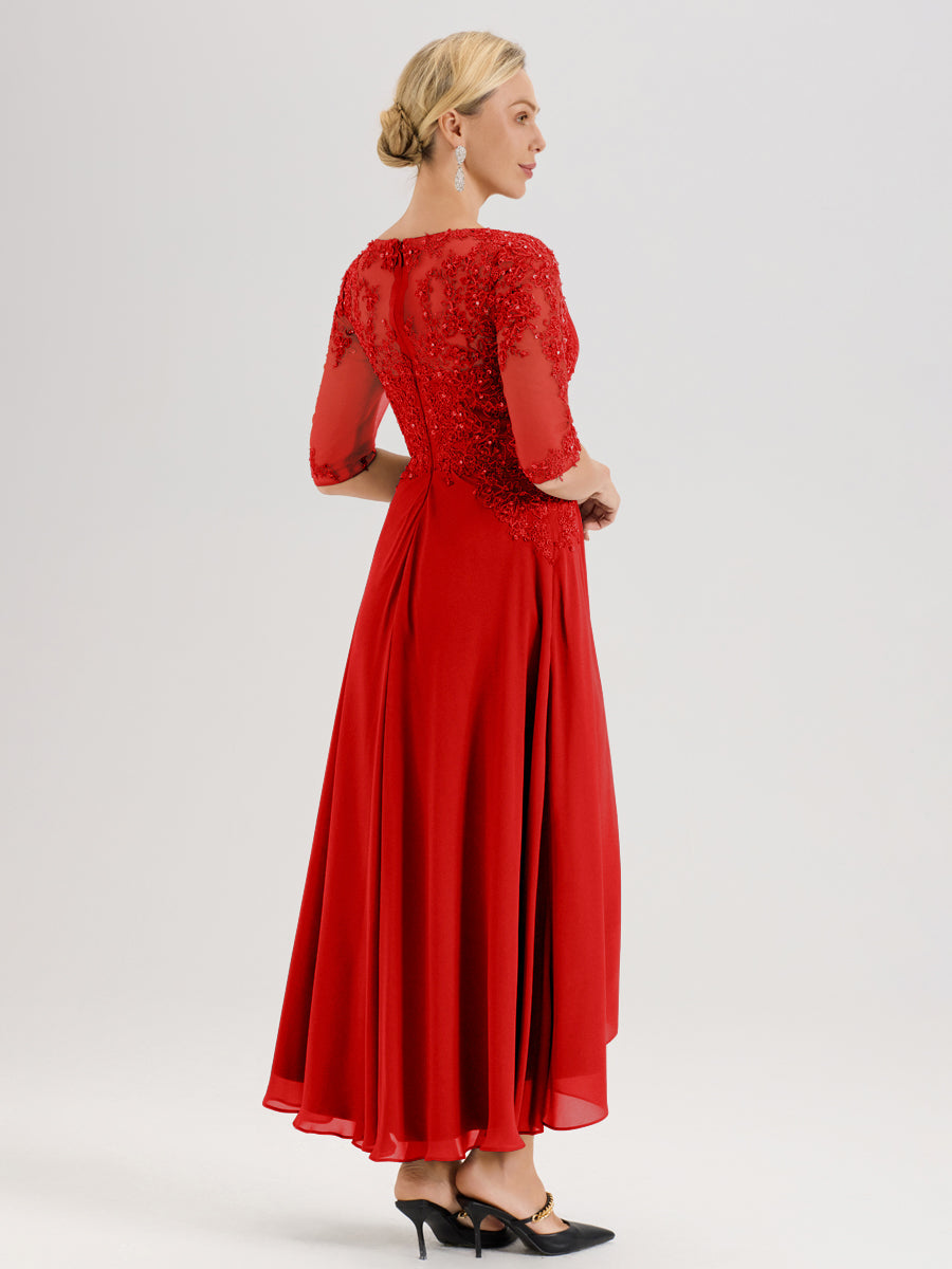 Cicinia Rouge Robe De Mère De La Mariée Longue À Ourlet Irrégulier Ligne A En Dentelle Et Mousseline À Décolleté Cœur Et Manches Demi