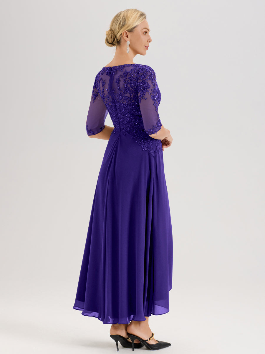 Cicinia Régence Robe De Mère De La Mariée Longue À Ourlet Irrégulier Ligne A En Dentelle Et Mousseline À Décolleté Cœur Et Manches Demi
