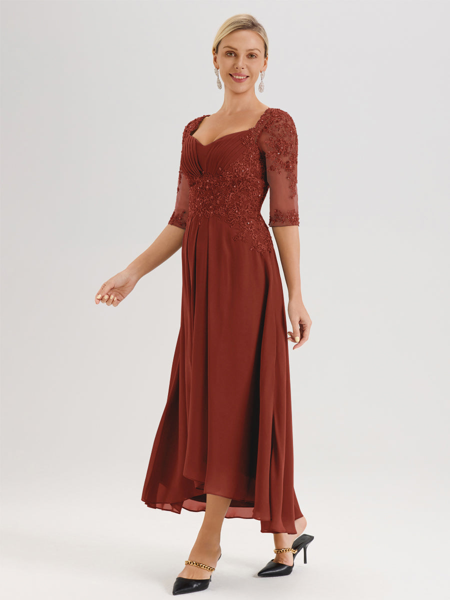 Cicinia Rouille Robe De Mère De La Mariée Longue À Ourlet Irrégulier Ligne A En Dentelle Et Mousseline À Décolleté Cœur Et Manches Demi