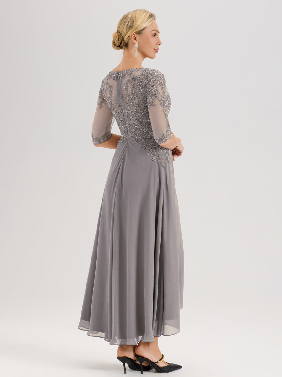 Cicinia Argent Robe De Mère De La Mariée Longue À Ourlet Irrégulier Ligne A En Dentelle Et Mousseline À Décolleté Cœur Et Manches Demi