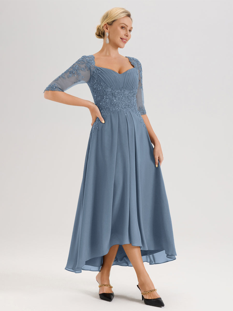 Cicinia Bleu De Schiste Robe De Mère De La Mariée Longue À Ourlet Irrégulier Ligne A En Dentelle Et Mousseline À Décolleté Cœur Et Manches Demi