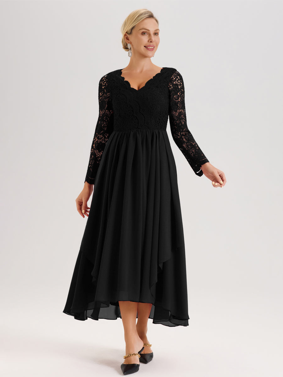 Cicinia Noir Robe De Mère De La Mariée Longue À Ourlet Irrégulier Ligne A En Dentelle Et Mousseline À Décolleté En V Et Manches Longues