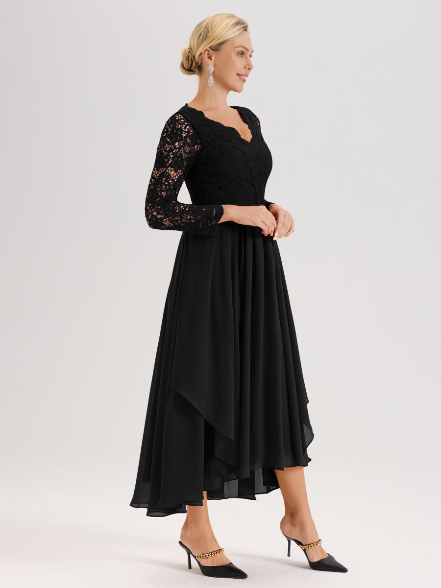 Cicinia Noir Robe De Mère De La Mariée Longue À Ourlet Irrégulier Ligne A En Dentelle Et Mousseline À Décolleté En V Et Manches Longues