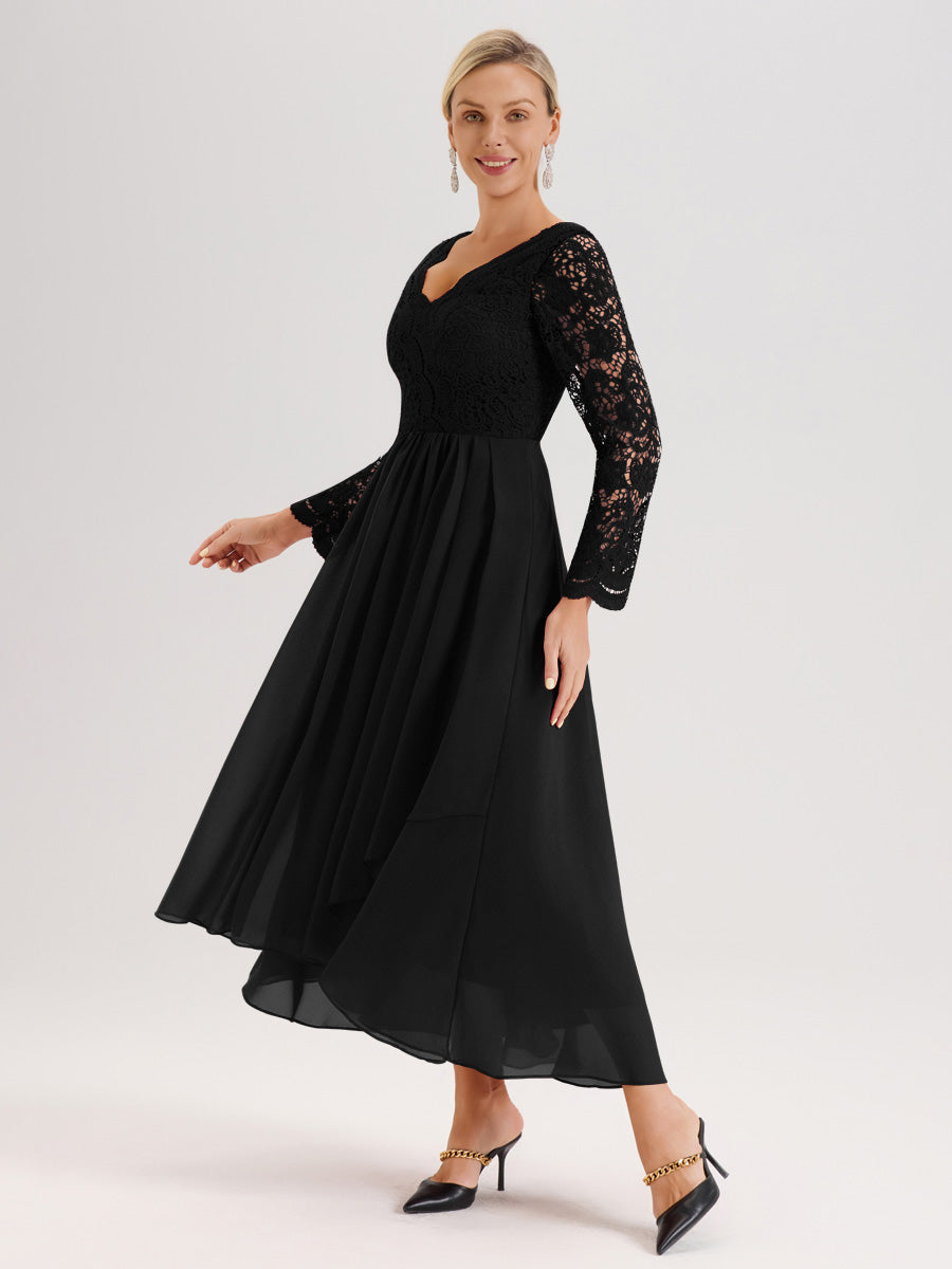 Cicinia Noir Robe De Mère De La Mariée Longue À Ourlet Irrégulier Ligne A En Dentelle Et Mousseline À Décolleté En V Et Manches Longues