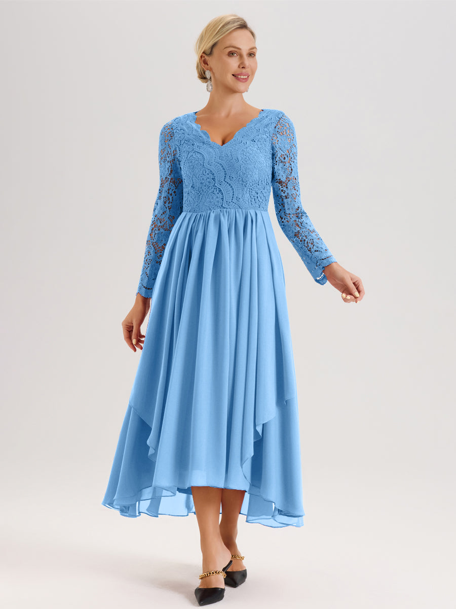 Cicinia Bleu Robe De Mère De La Mariée Longue À Ourlet Irrégulier Ligne A En Dentelle Et Mousseline À Décolleté En V Et Manches Longues