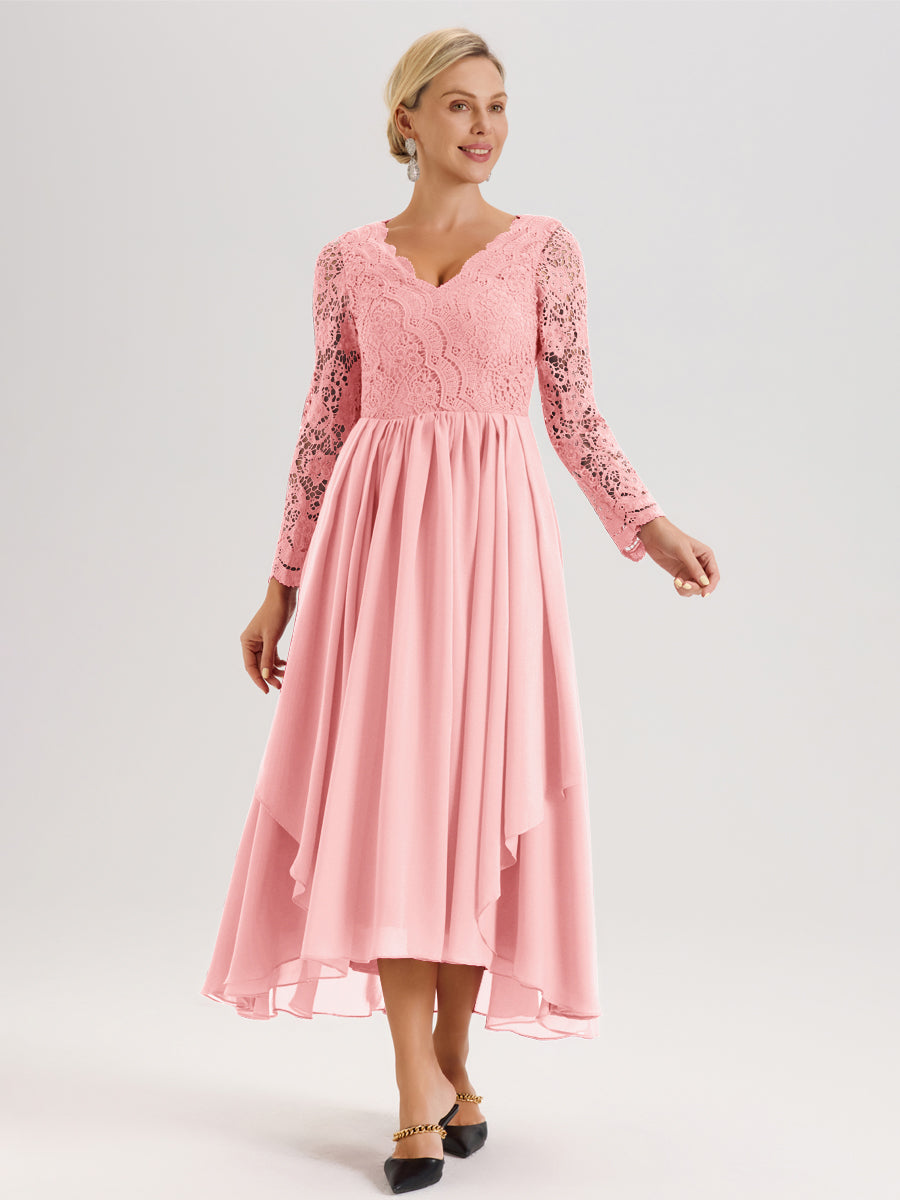 Cicinia Rose Robe De Mère De La Mariée Longue À Ourlet Irrégulier Ligne A En Dentelle Et Mousseline À Décolleté En V Et Manches Longues