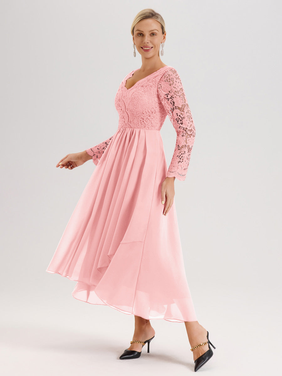 Cicinia Rose Robe De Mère De La Mariée Longue À Ourlet Irrégulier Ligne A En Dentelle Et Mousseline À Décolleté En V Et Manches Longues