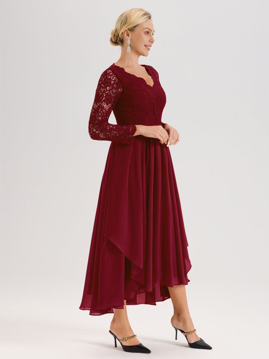 Cicinia Bordeaux Robe De Mère De La Mariée Longue À Ourlet Irrégulier Ligne A En Dentelle Et Mousseline À Décolleté En V Et Manches Longues