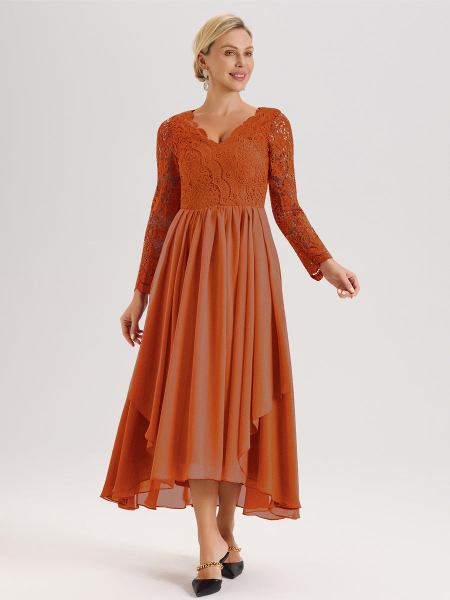 Cicinia Orange Brûlé Robe De Mère De La Mariée Longue À Ourlet Irrégulier Ligne A En Dentelle Et Mousseline À Décolleté En V Et Manches Longues
