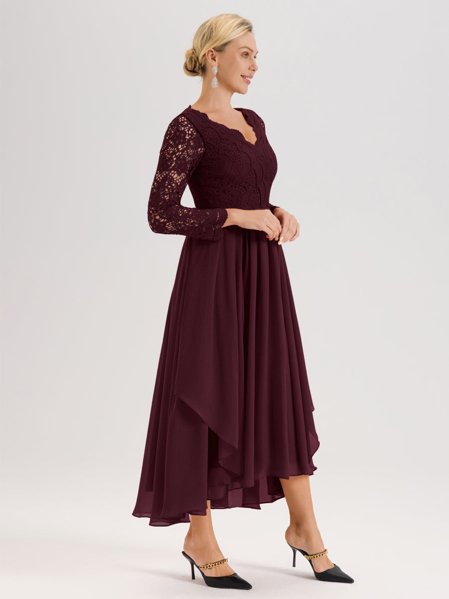 Cicinia Cabernet Robe De Mère De La Mariée Longue À Ourlet Irrégulier Ligne A En Dentelle Et Mousseline À Décolleté En V Et Manches Longues