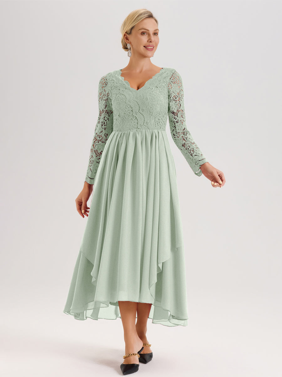 Cicinia Celadon Robe De Mère De La Mariée Longue À Ourlet Irrégulier Ligne A En Dentelle Et Mousseline À Décolleté En V Et Manches Longues