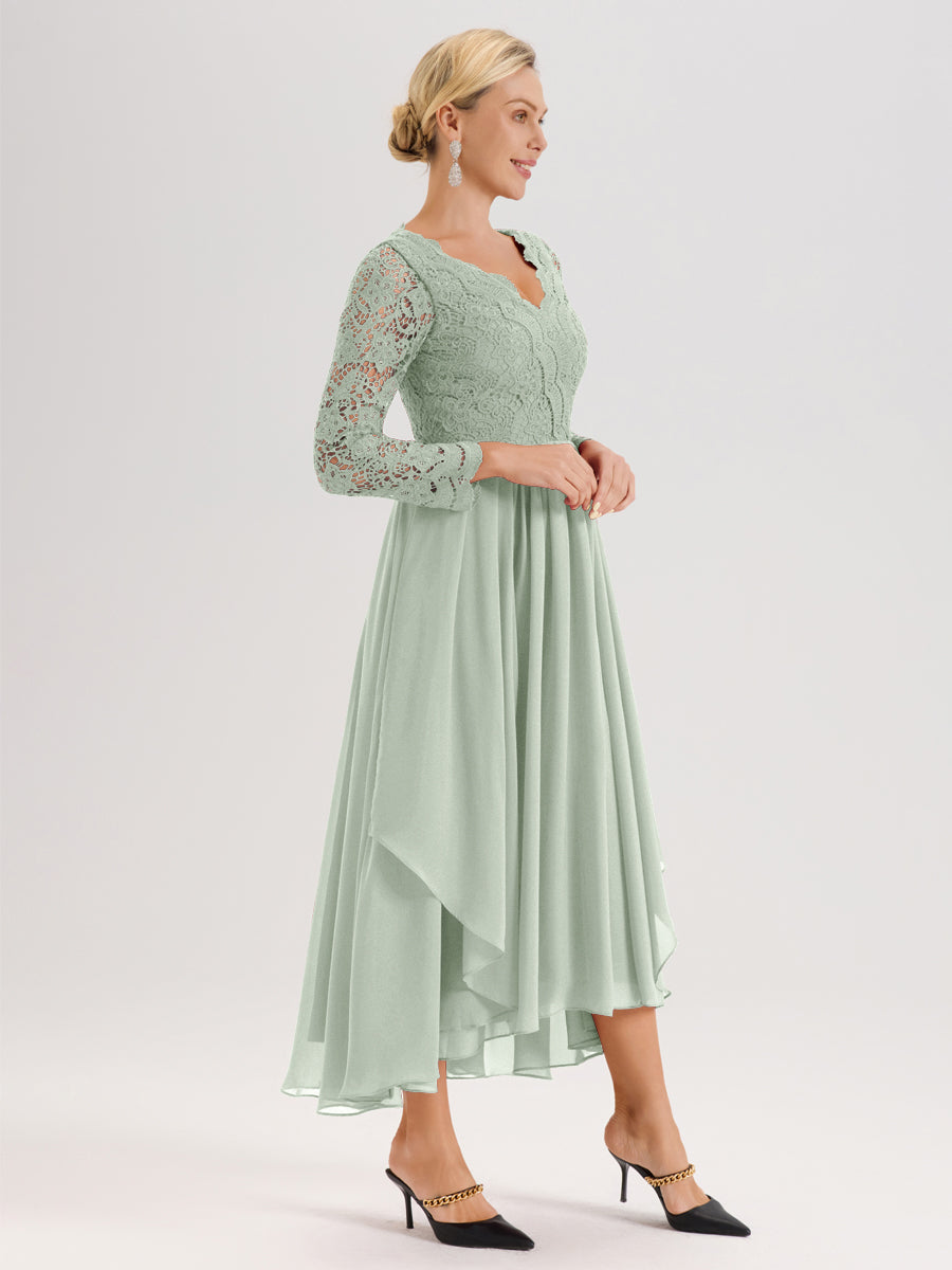 Cicinia Celadon Robe De Mère De La Mariée Longue À Ourlet Irrégulier Ligne A En Dentelle Et Mousseline À Décolleté En V Et Manches Longues