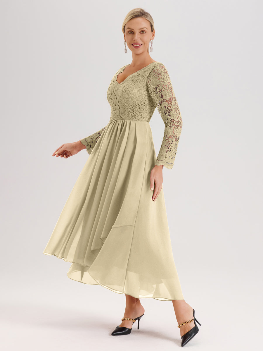 Cicinia Champagne Robe De Mère De La Mariée Longue À Ourlet Irrégulier Ligne A En Dentelle Et Mousseline À Décolleté En V Et Manches Longues