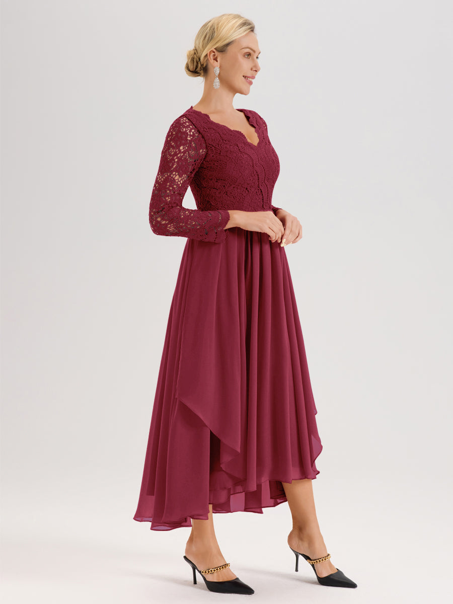 Cicinia Rose Cannelle Robe De Mère De La Mariée Longue À Ourlet Irrégulier Ligne A En Dentelle Et Mousseline À Décolleté En V Et Manches Longues